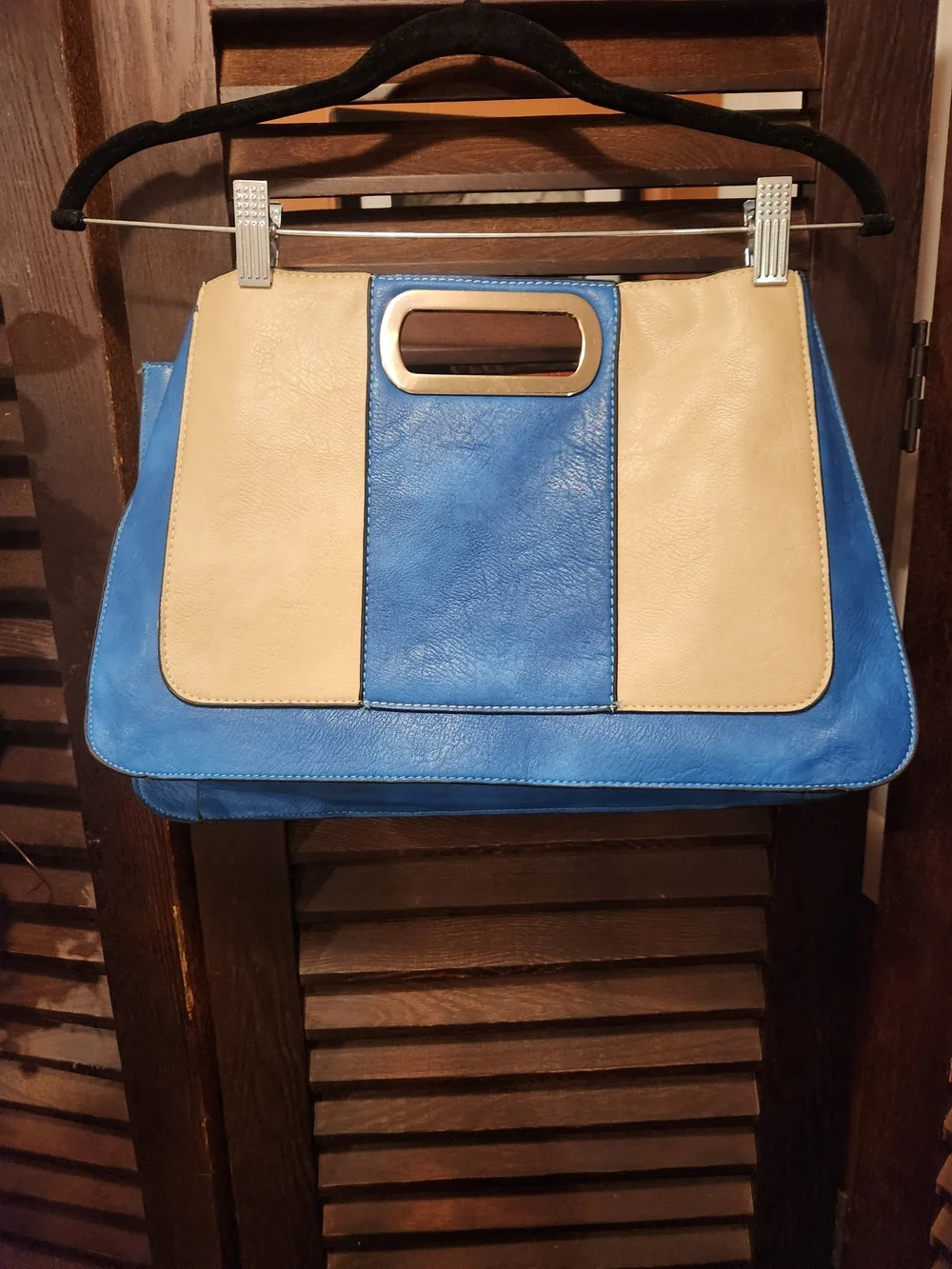Blue and Cream Colorblock Handle Clutch Bag with Red Interior
